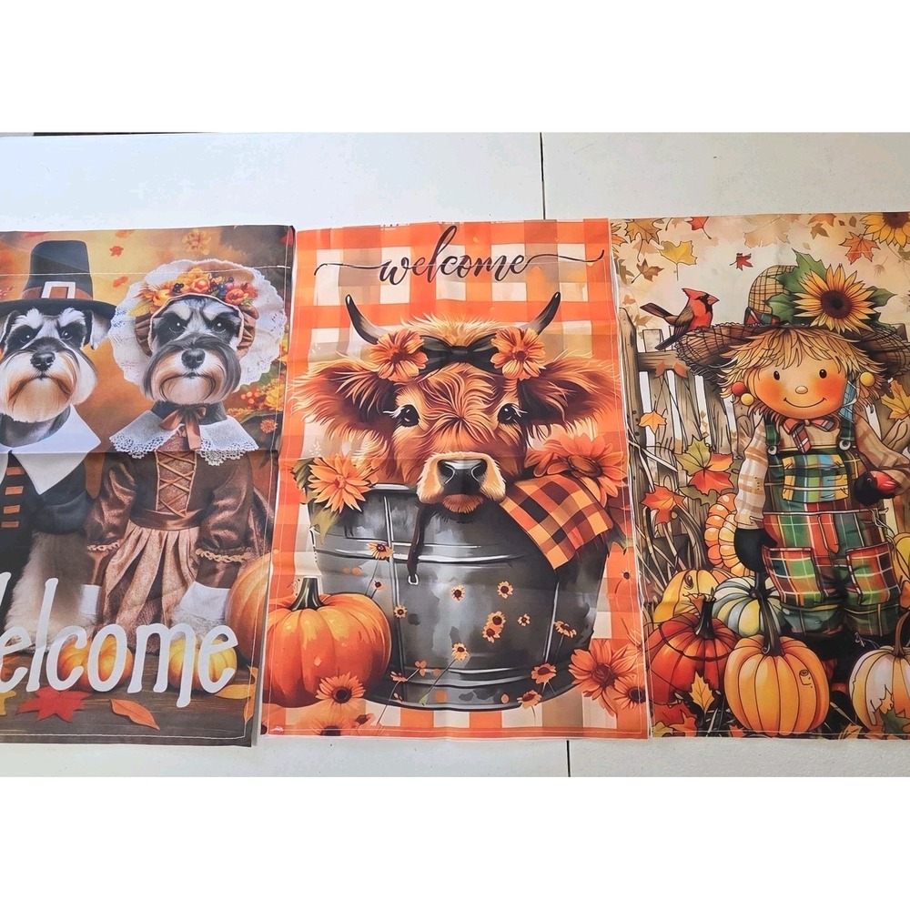 Set‎ of 3 Double-Sided Fall Garden Flags Autumn Welcome Scarecrow Cow Dog 12x18